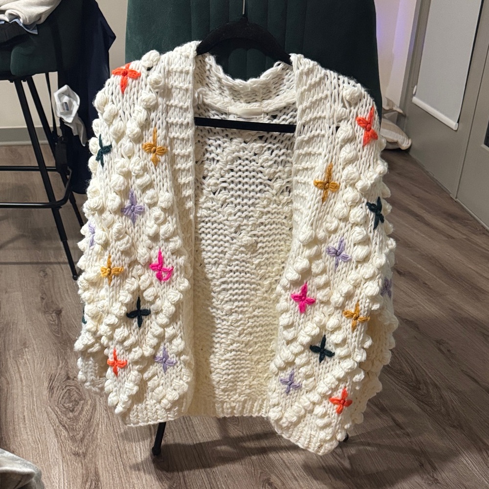 Anthropologie Cream Cardigan with Colorful Accents